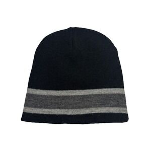 Rich Black Knit Striped Beanie Skull Cap Grey Stripes FM46153YM One Size
